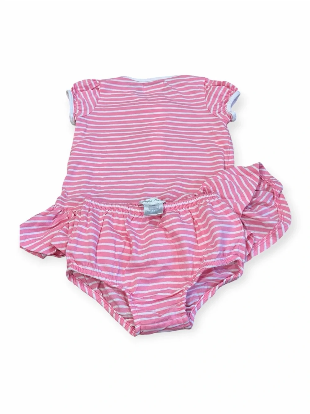 Ralph Lauren, Pink and White Striped Ruffle  Dress with Bloomers, Size 6 mos